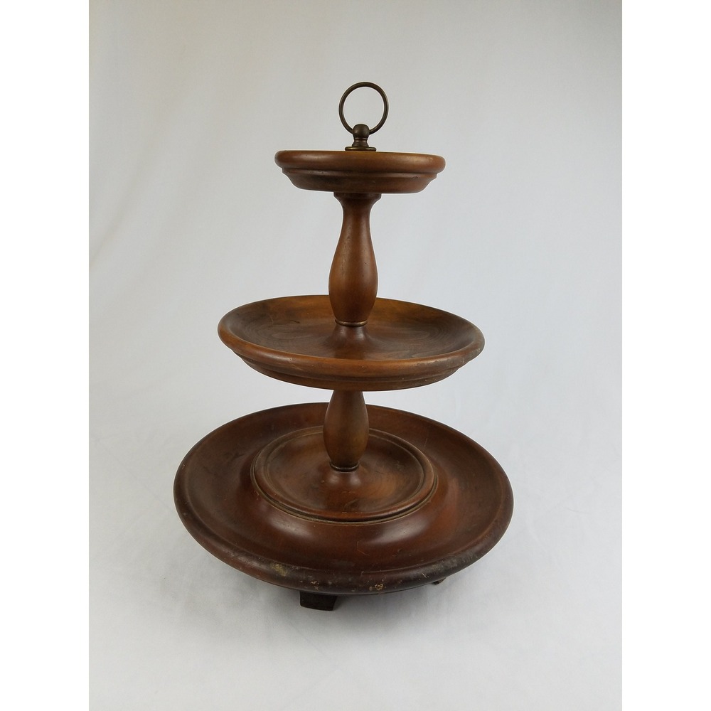 Vtg wood walnut three tiered pedestal cupcake desert candy dish tray farmhouse